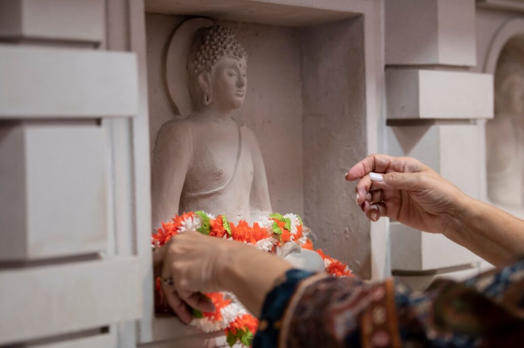 Intricate stone carvings and pale rose brickwork in the India Nationality Room at the University of Pittsburgh’s Cathedral of Learning.