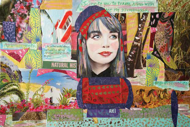 A vibrant, colorful mixed-media collage by Lauren Stern featuring a portrait of a woman surrounded by exotic animals, nature scenes, and text scraps.