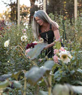 Flower farmer Becca Ringham Myerburg carefully harvesting fresh dahlias from a lush garden bed during a sunny day.