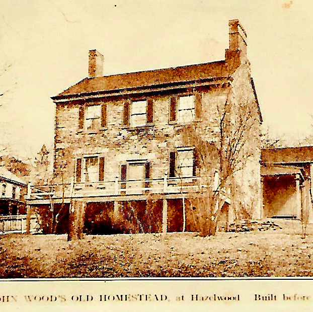 Vintage sepia photograph of the John Woods House in Hazelwood, an 18th-century stone Federalist-style home built in 1792.