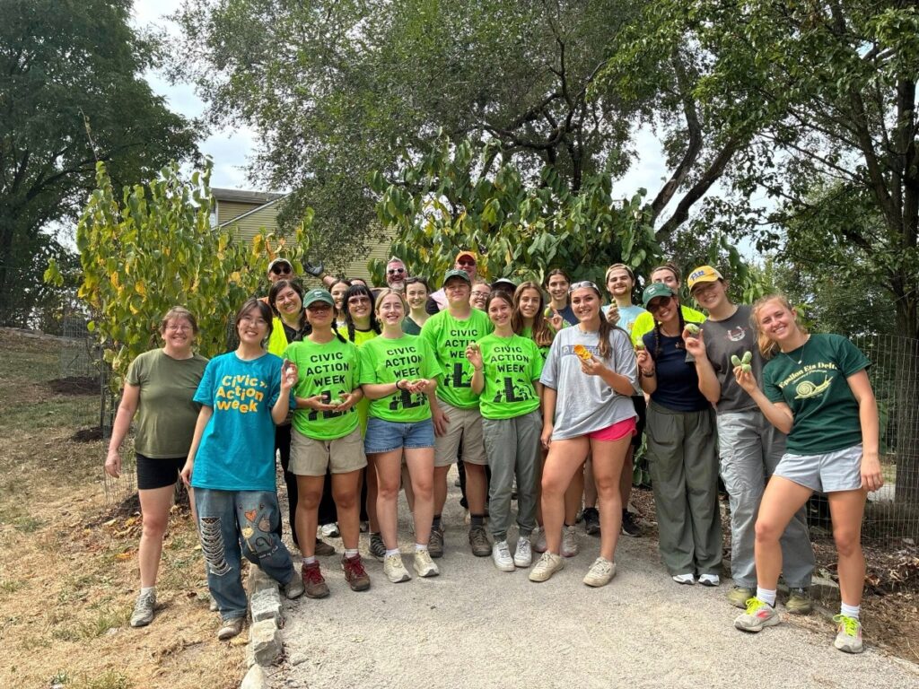Volunteers working together to clear brush and plant trees at the Duncan Park community garden in Lawrenceville.