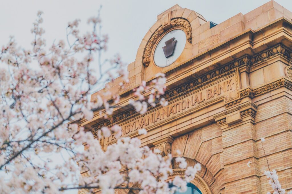 A close-up of the historic Pennsylvania National Bank building facade behind blooming cherry blossoms in Lawrenceville.