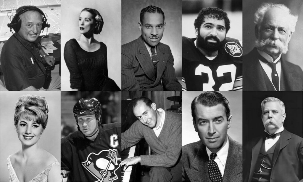 Ten photos of Pittsburgh Walk of Fame inductees with a man in a headset then a woman in a dress then a man in a suit then a man in a football jersey and a man with a mustache and tie and then below those a woman in a dress with her hair up, a man in a hockey jersey, man in a sweater by a piano, man in a jacket, and a man in a bowtie with a mustache.