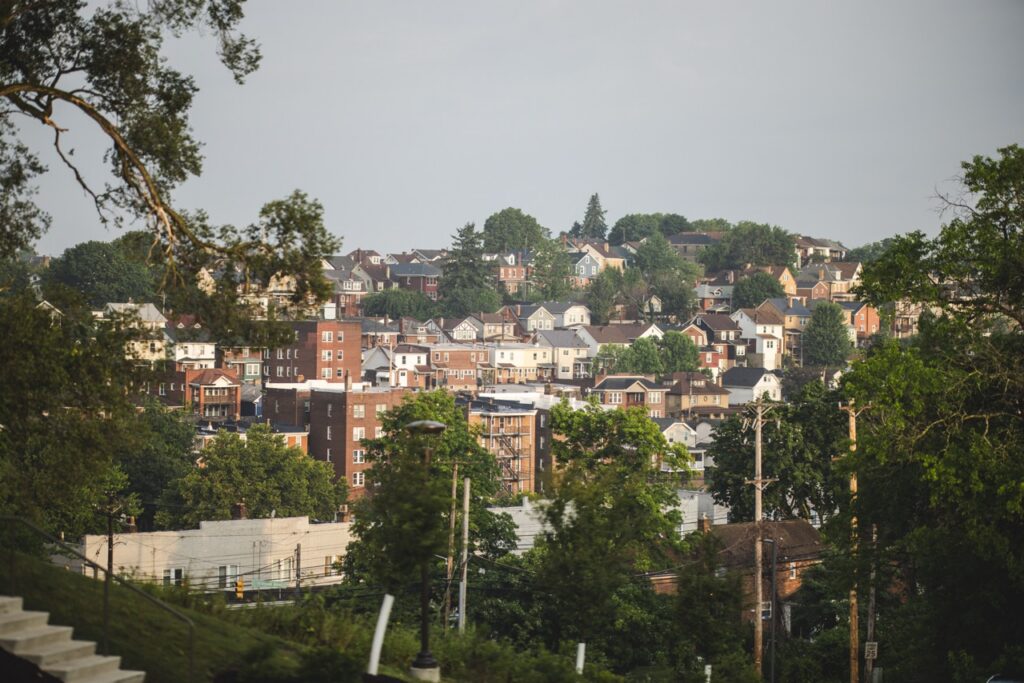 The buildings of dormont among the trees of the hillside.